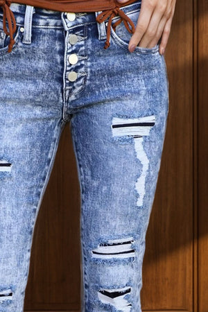 Distressed Button-Fly Bootcut Jeans with Pockets-Teresa's Fashionista LLC