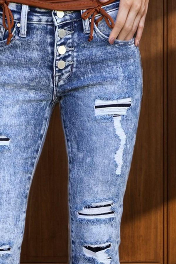Distressed Button-Fly Bootcut Jeans with Pockets-Teresa's Fashionista LLC