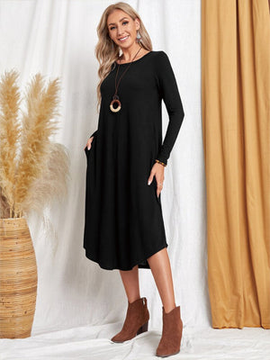 Pocketed Round Neck Long Sleeve Tee Dress-Teresa's Fashionista LLC