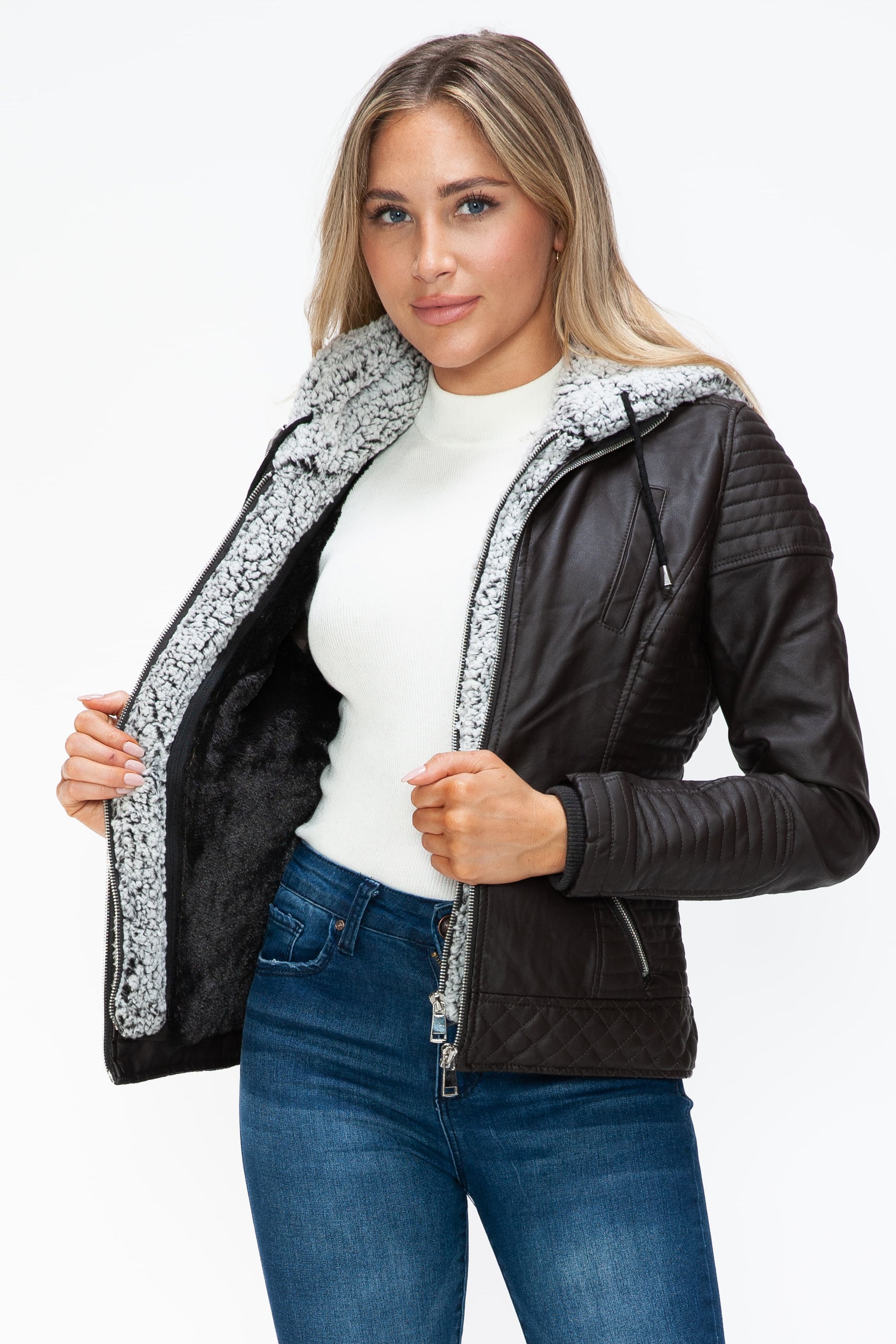 YMI Faux Layered Double-Zipper Jacket with Fuzzy Hood - Teresa's Fashionista LLC