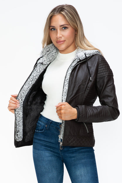 YMI Faux Layered Double-Zipper Jacket with Fuzzy Hood - Teresa's Fashionista LLC
