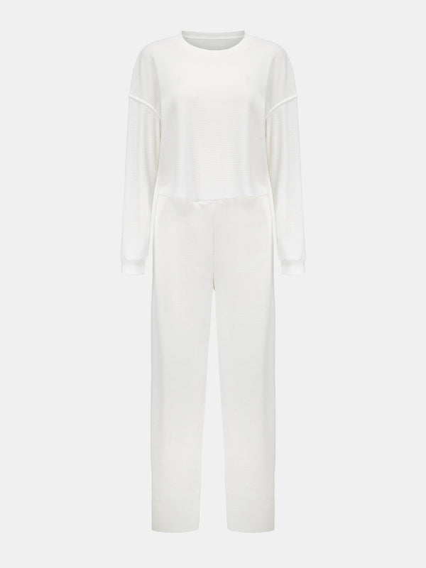 Waffle-Knit Round Neck Top and Pants Set-Teresa's Fashionista LLC