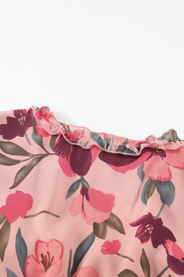 Floral Frill Trim Flounce Sleeve Plunge Maxi Dress-Teresa's Fashionista LLC
