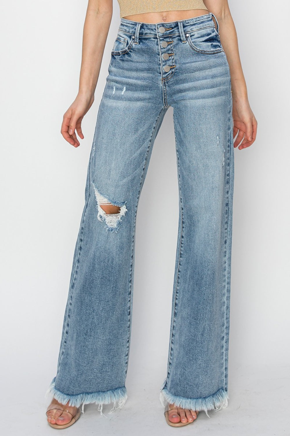 RISEN Mid Rise Button Fly Wide Leg Jeans - Teresa's Fashionista LLC