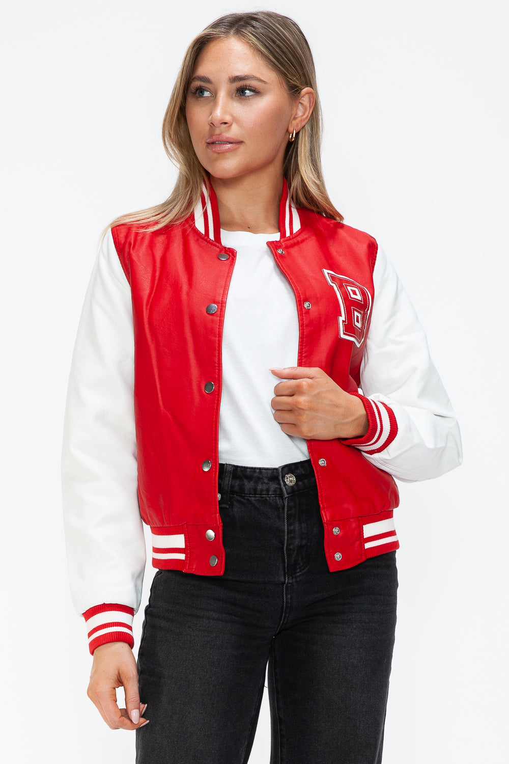 Love Me Now PU Leather Contrast Snap Down Bomber Jacket - Teresa's Fashionista LLC