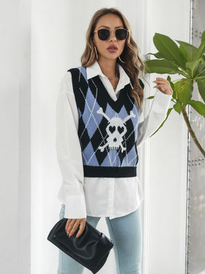 Skull Geometric V-Neck Sweater Vest - Teresa's Fashionista LLC