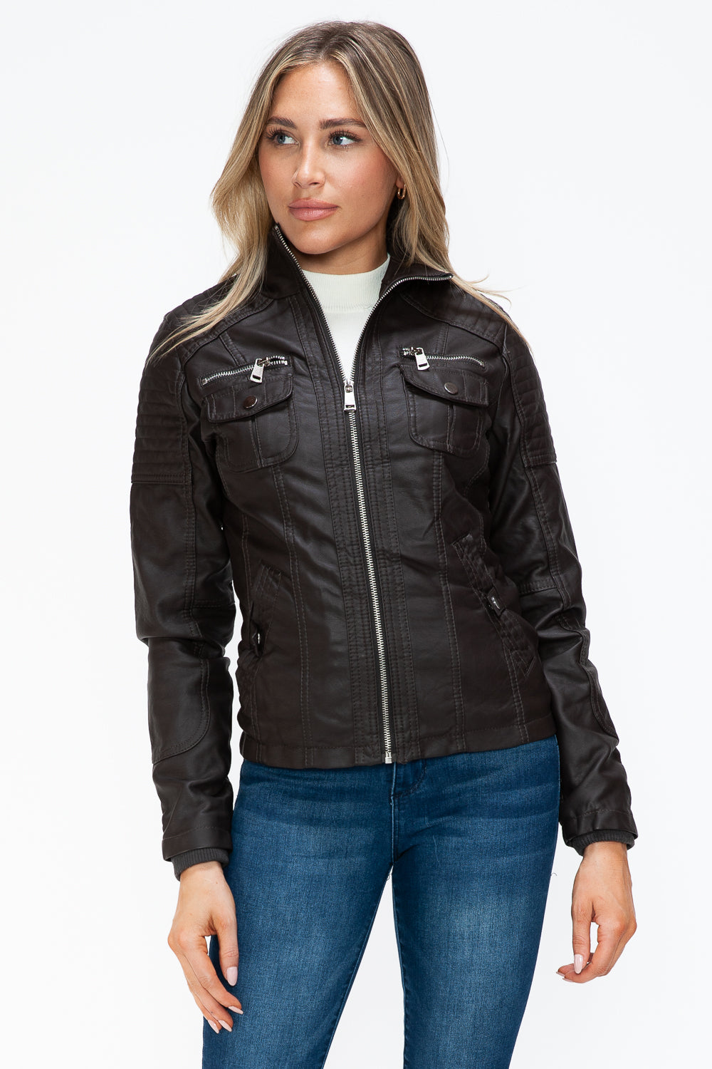 YMI Removable Faux Layered Multi-Pocket Jacket with Fuzzy Hood - Teresa's Fashionista LLC