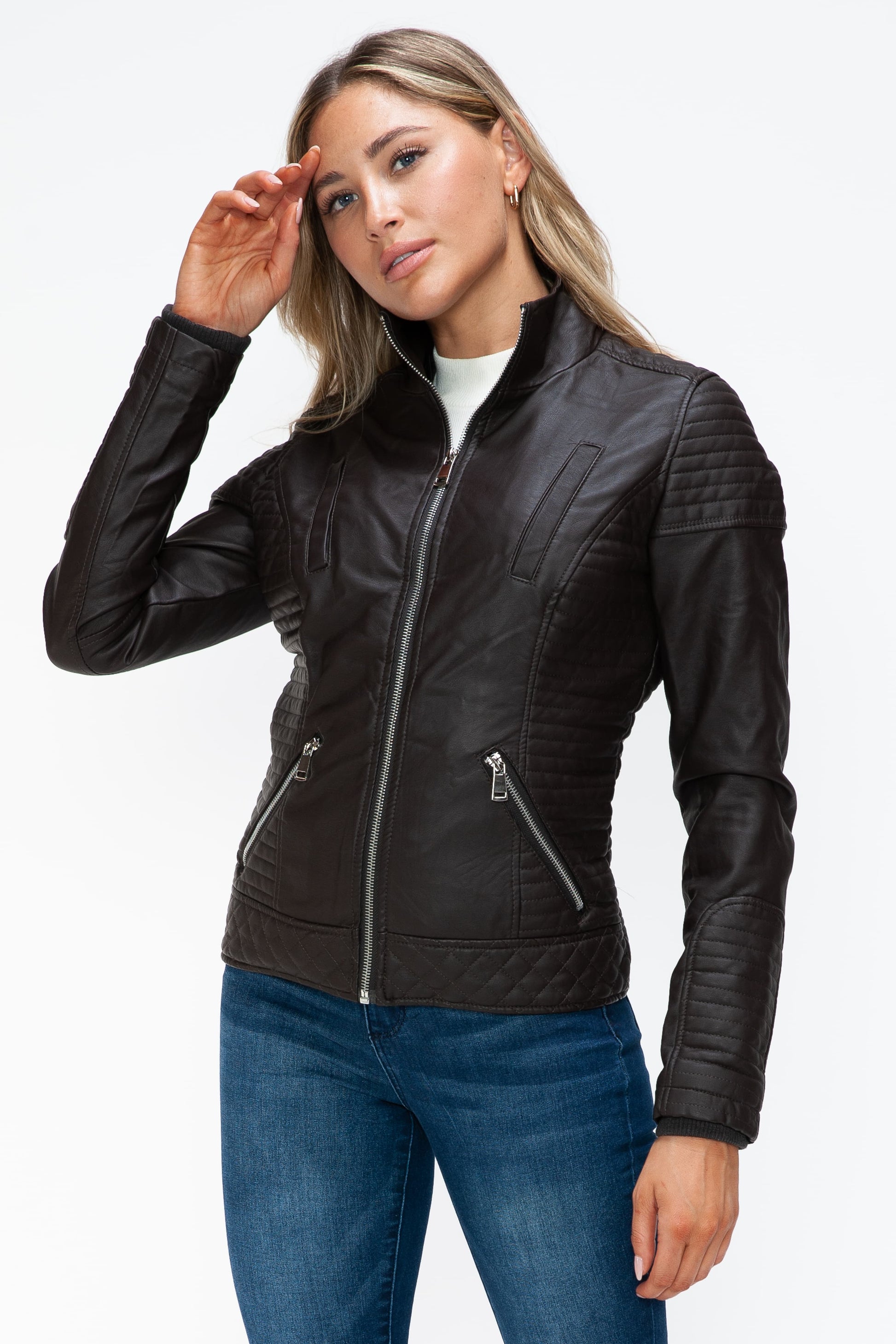 YMI Faux Layered Double-Zipper Jacket with Fuzzy Hood - Teresa's Fashionista LLC