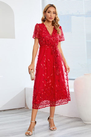 Sequin Leaf Embroidery Tie Front Short Sleeve Dress-Teresa's Fashionista LLC