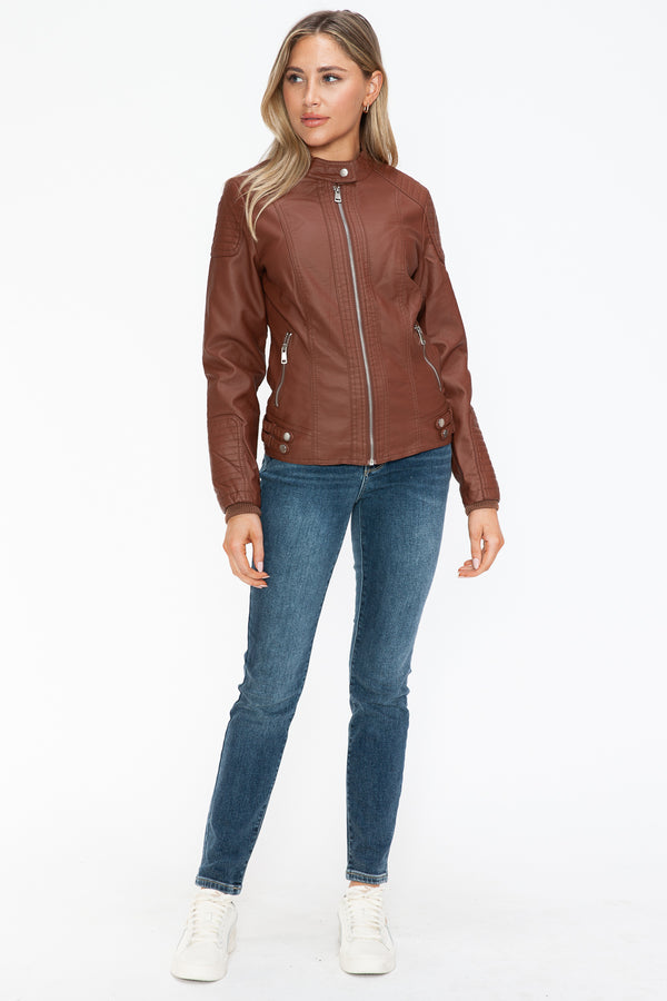 Snobbish Faux Leather Biker Jacket with Side Zip Pockets - Teresa's Fashionista LLC