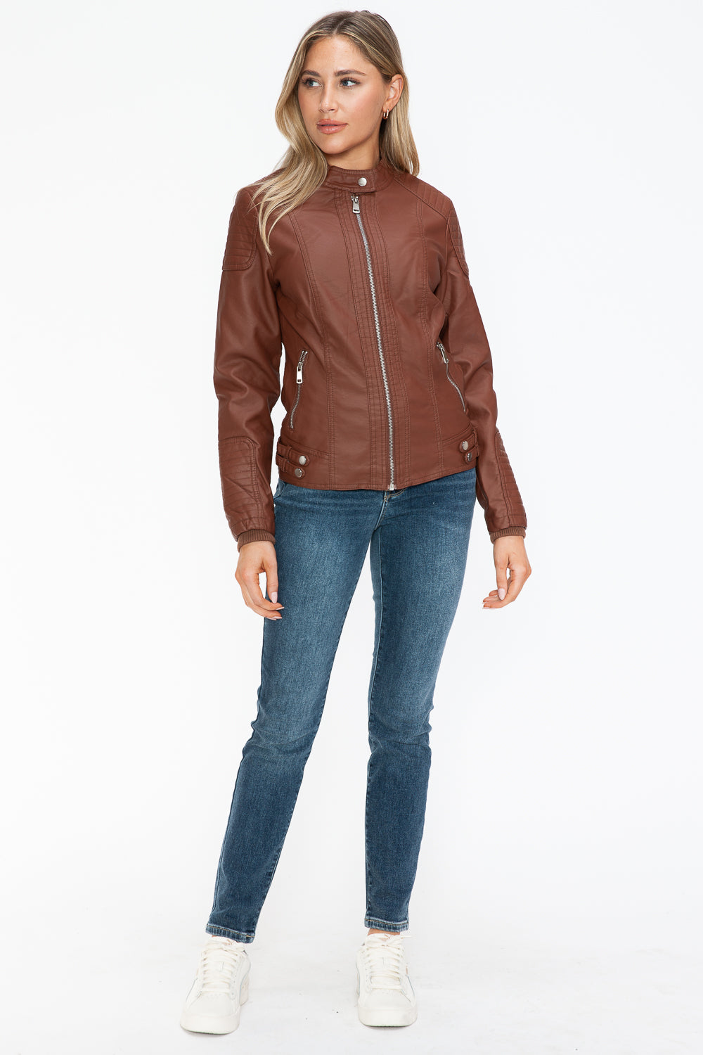 Snobbish Faux Leather Biker Jacket with Side Zip Pockets - Teresa's Fashionista LLC