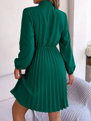 Tie Neck Balloon Sleeve Pleated Dress-Teresa's Fashionista LLC