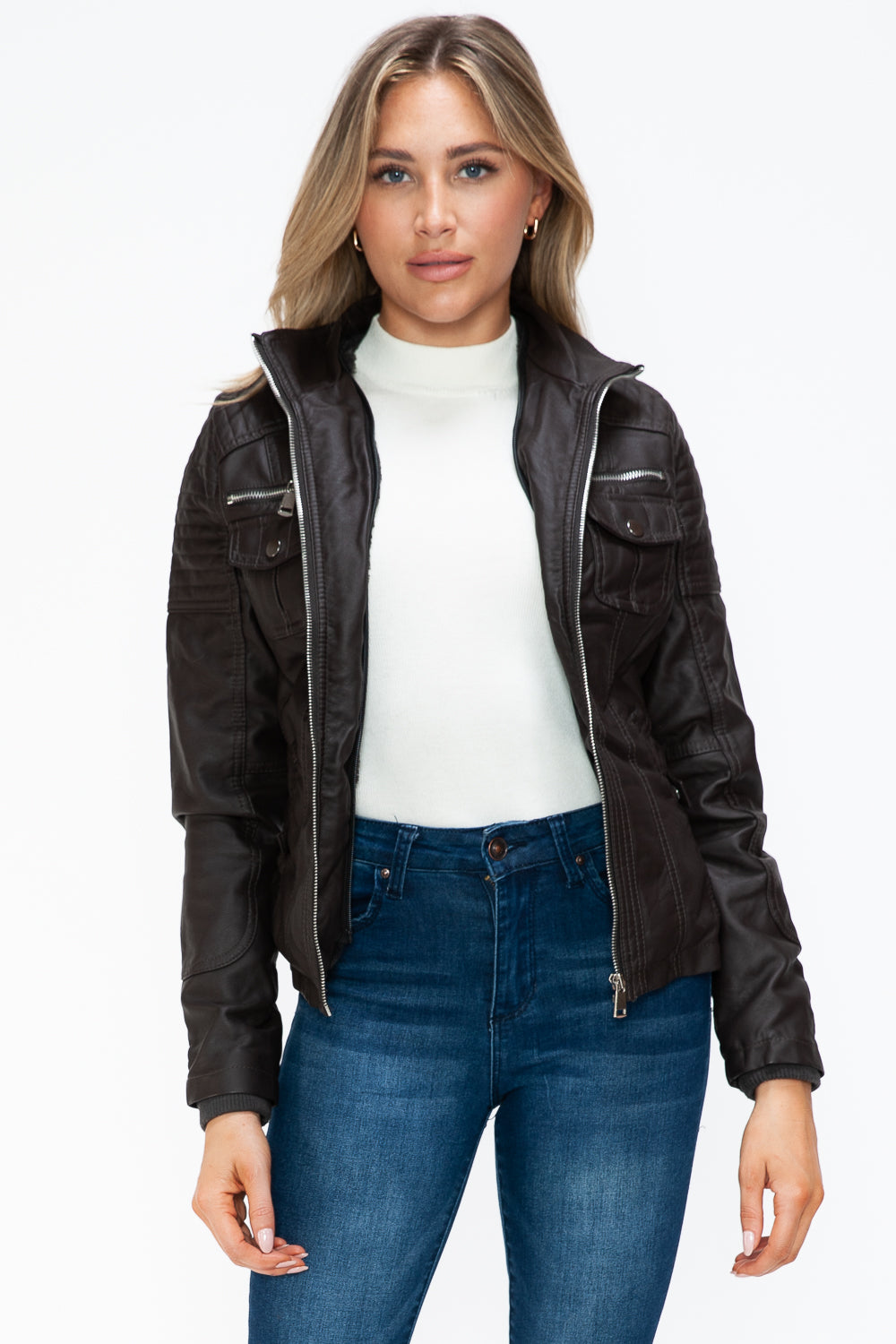 YMI Removable Faux Layered Multi-Pocket Jacket with Fuzzy Hood - Teresa's Fashionista LLC