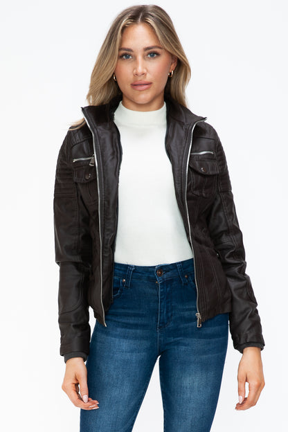 YMI Removable Faux Layered Multi-Pocket Jacket with Fuzzy Hood - Teresa's Fashionista LLC