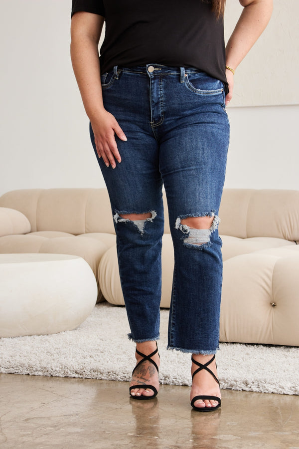 RFM Crop Dylan Full Size Tummy Control Distressed High Waist Raw Hem Jeans-Teresa's Fashionista LLC
