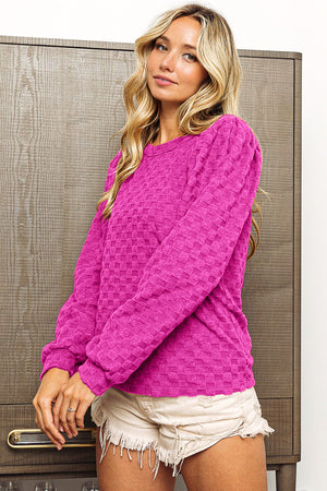 BiBi Round Neck Brushed Checker Top-Teresa's Fashionista LLC