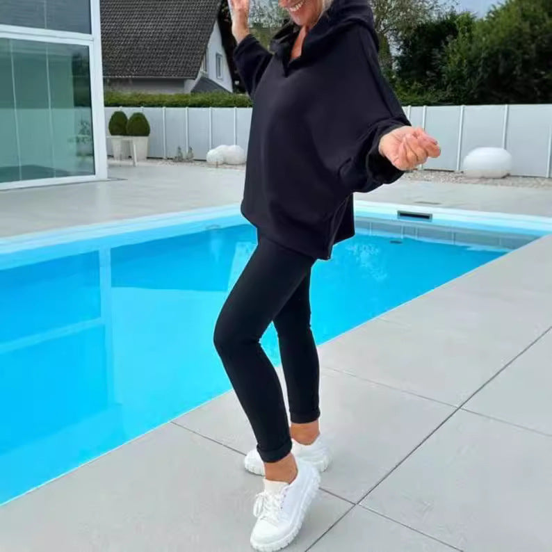 Women's Solid Color Hooded Sweatshirt Two-piece Set - Teresa's Fashionista LLC