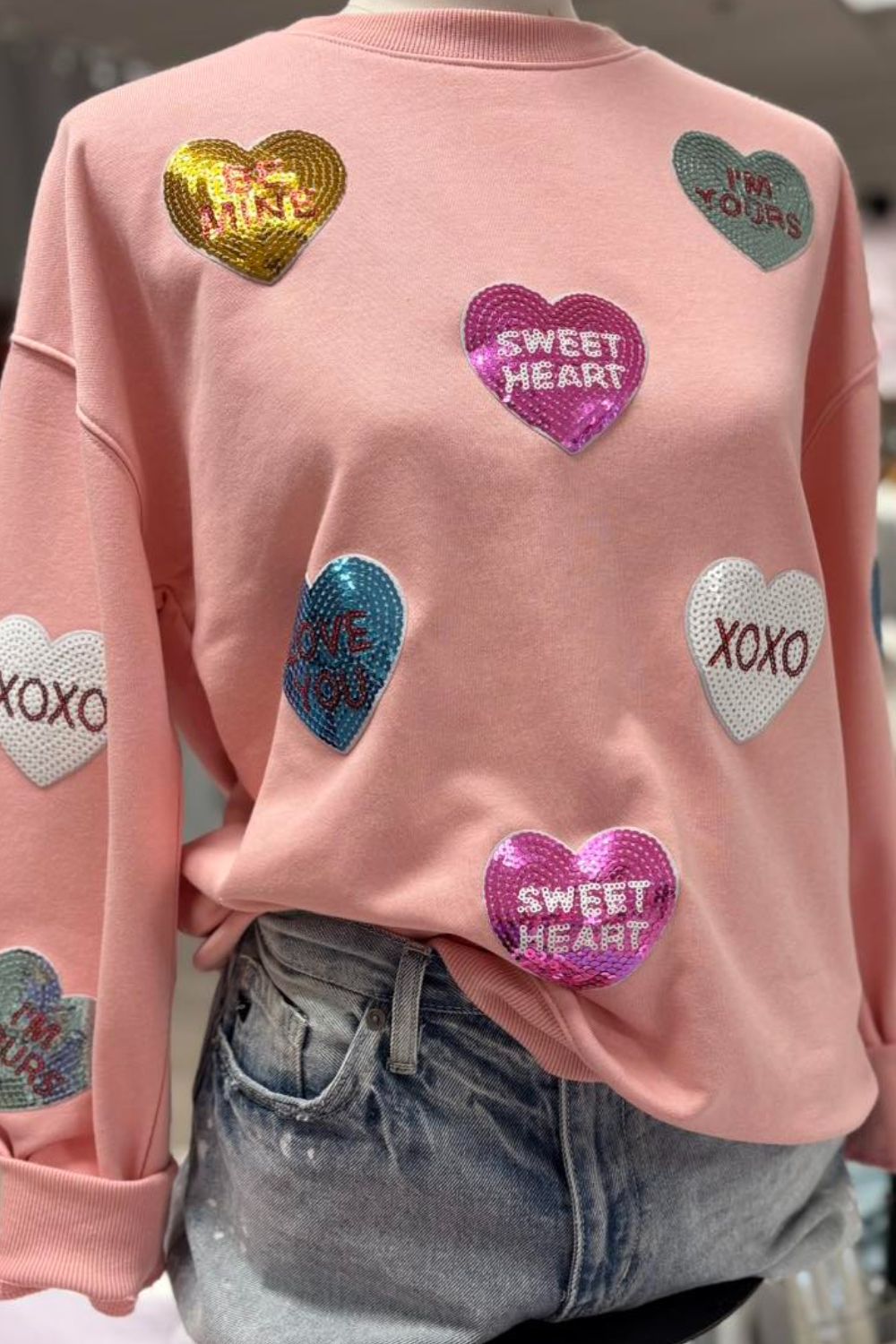 Valentine’s Day Sequin Heart Round Neck Long Sleeve Sweatshirt - Teresa's Fashionista LLC