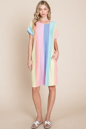 BOMBOM Striped Short Sleeve Dress with Pockets-Teresa's Fashionista LLC
