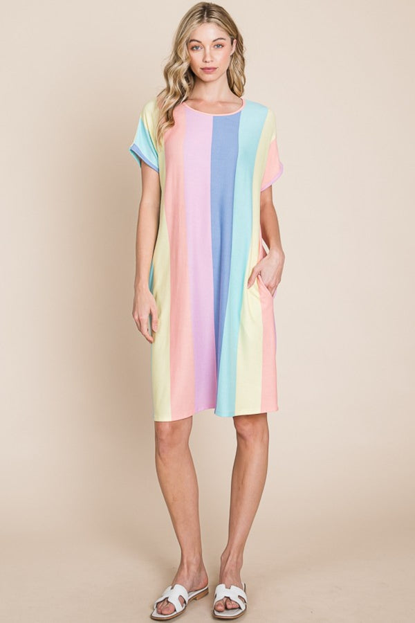 BOMBOM Striped Short Sleeve Dress with Pockets-Teresa's Fashionista LLC