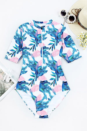 Printed Notched Half Sleeve One-Piece Swimwear-Teresa's Fashionista LLC