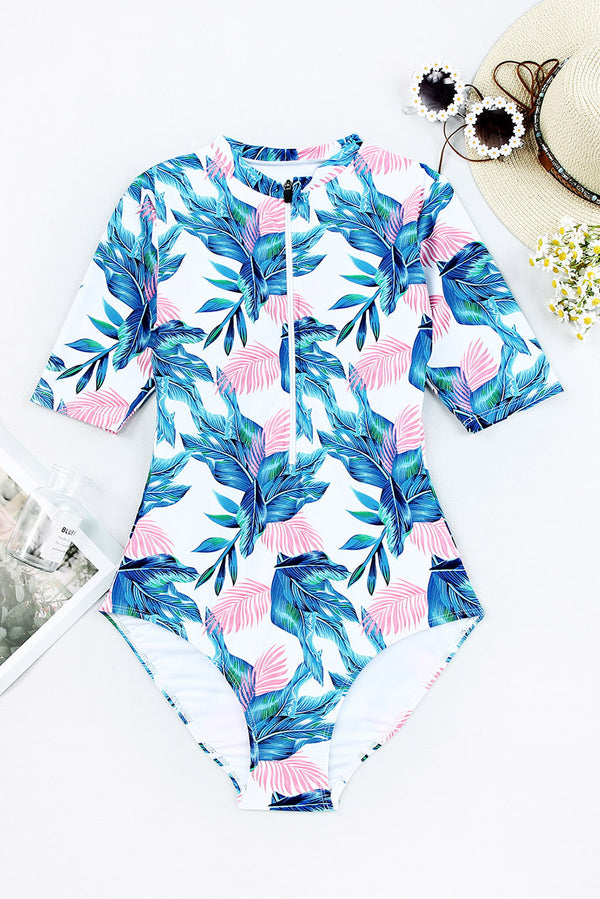 Printed Notched Half Sleeve One-Piece Swimwear-Teresa's Fashionista LLC