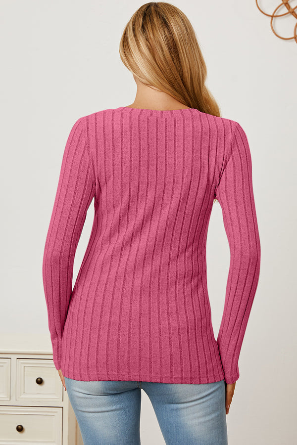 Basic Bae Full Size Ribbed V-Neck Long Sleeve T-Shirt-Teresa's Fashionista LLC