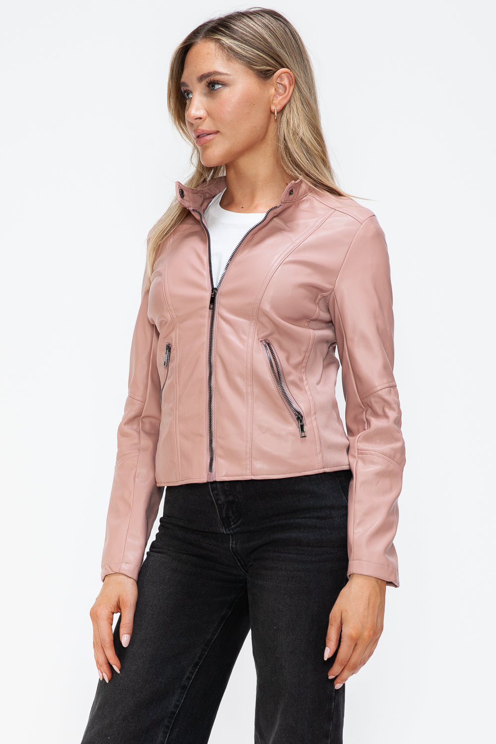 Snobbish Faux Leather Zip Up Drawstring Hooded Jacket - Teresa's Fashionista LLC