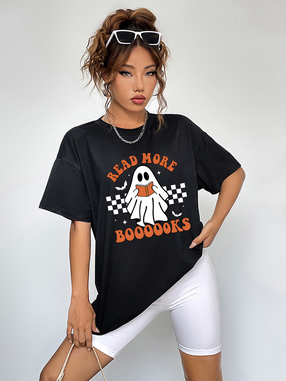 Round Neck Short Sleeve Ghost Graphic T-Shirt - Teresa's Fashionista LLC