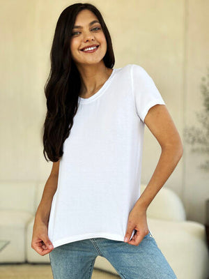 Basic Bae Full Size Round Neck Short Sleeve T-Shirt in white.