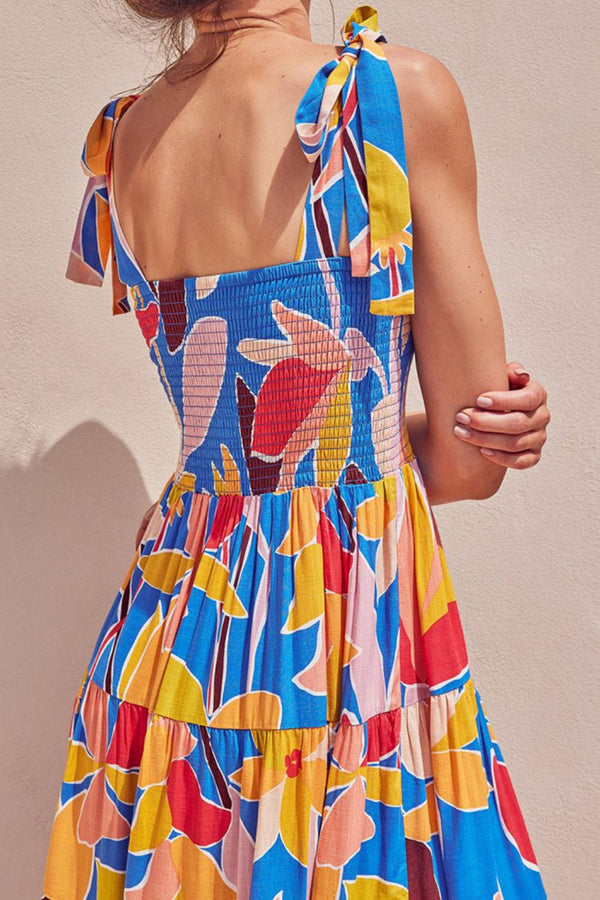 Floral Tie Shoulder Smocked Tiered Dress-Teresa's Fashionista LLC