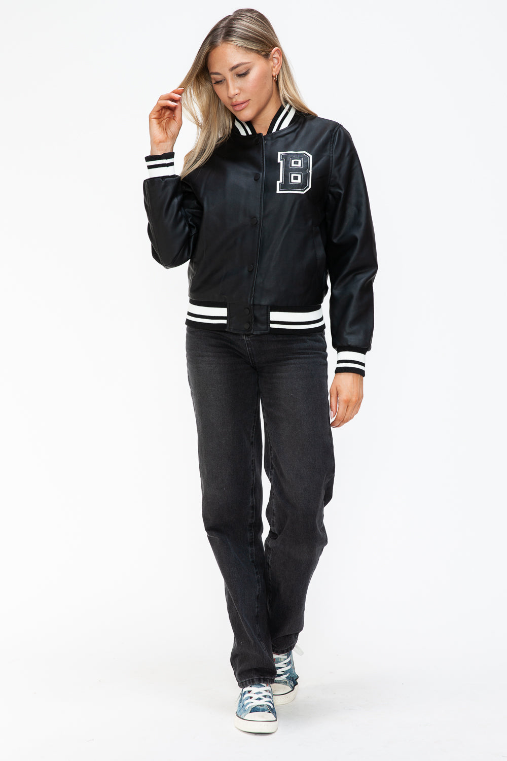Love Me Now PU Leather Contrast Snap Down Bomber Jacket - Teresa's Fashionista LLC