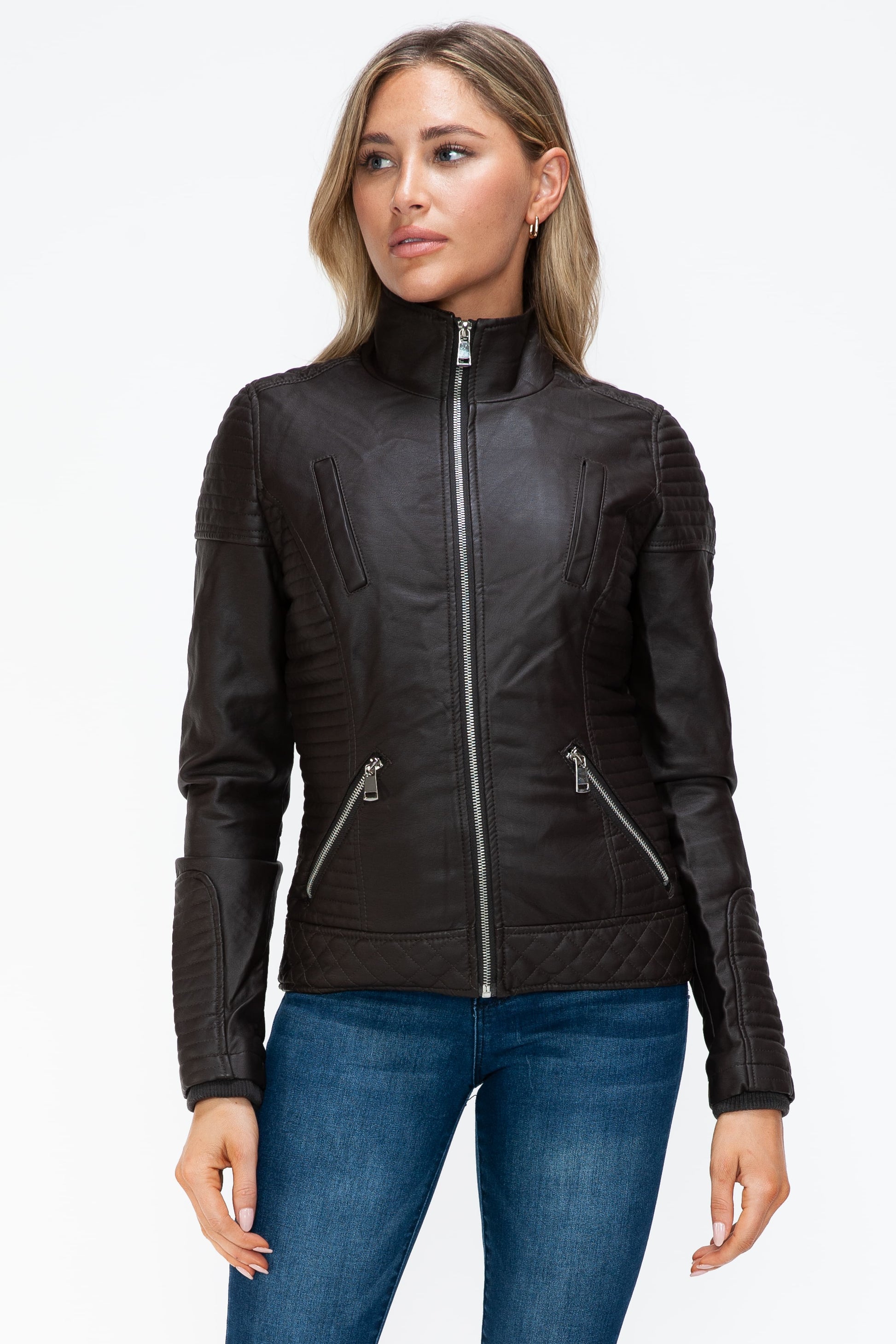 YMI Faux Layered Double-Zipper Jacket with Fuzzy Hood - Teresa's Fashionista LLC