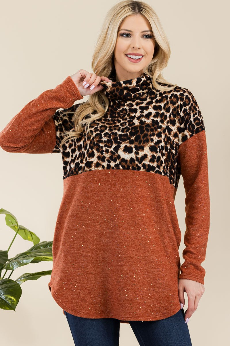 Celeste Full Size Curved Hem Leopard Turtleneck Long Sleeve Blouse - Teresa's Fashionista LLC