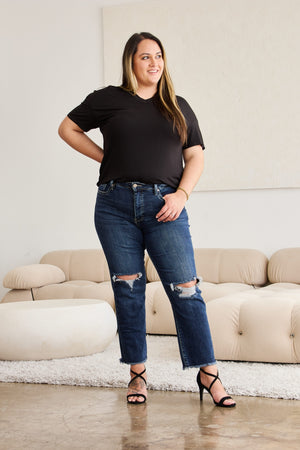 RFM Crop Dylan Full Size Tummy Control Distressed High Waist Raw Hem Jeans-Teresa's Fashionista LLC