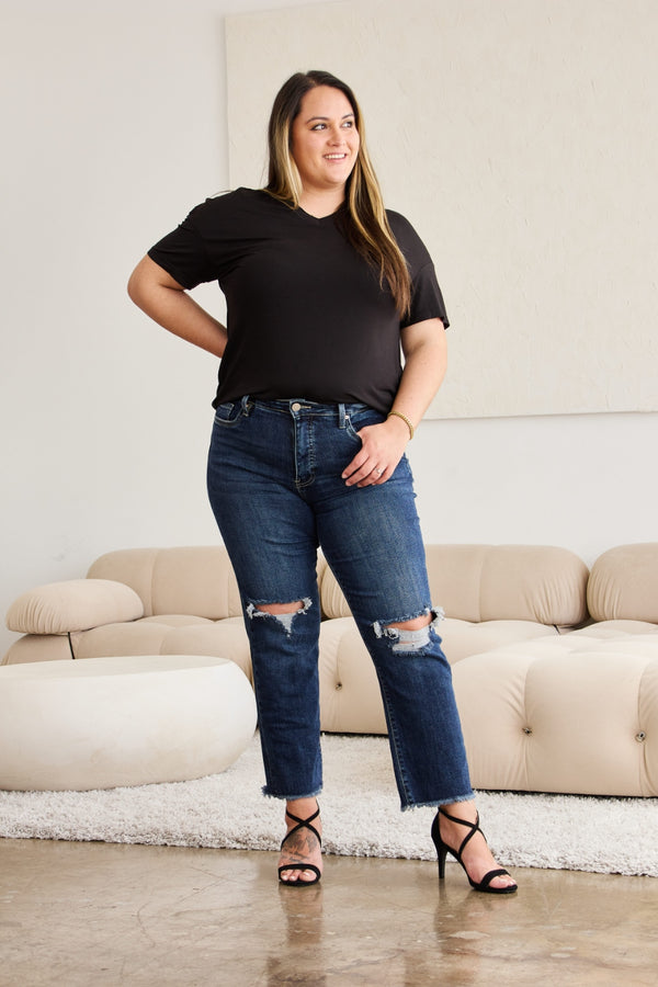RFM Crop Dylan Full Size Tummy Control Distressed High Waist Raw Hem Jeans-Teresa's Fashionista LLC