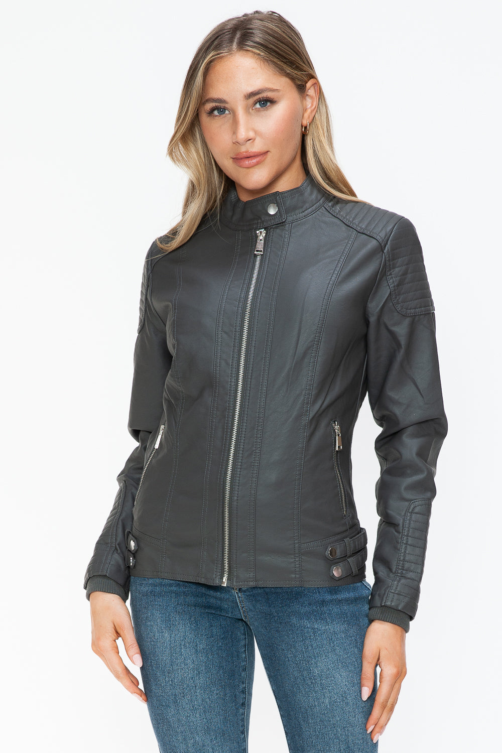 Snobbish Faux Leather Biker Jacket with Side Zip Pockets - Teresa's Fashionista LLC