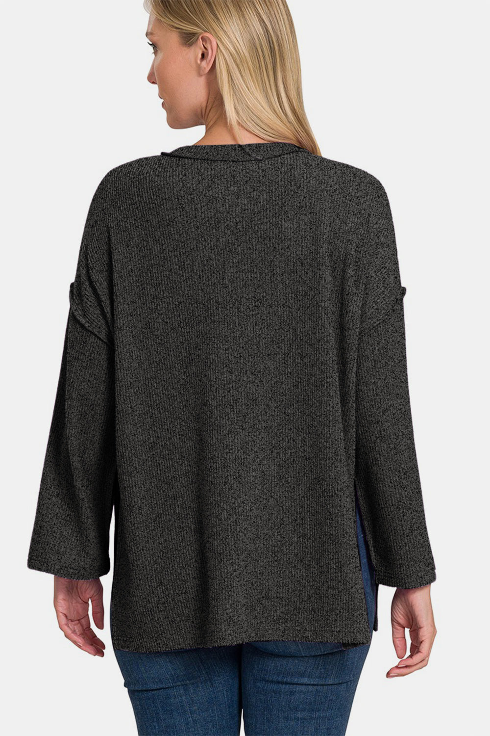 Zenana Full Size Ribbed Half Button Slit Knit Top - Teresa's Fashionista LLC