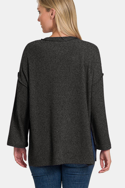 Zenana Full Size Ribbed Half Button Slit Knit Top - Teresa's Fashionista LLC