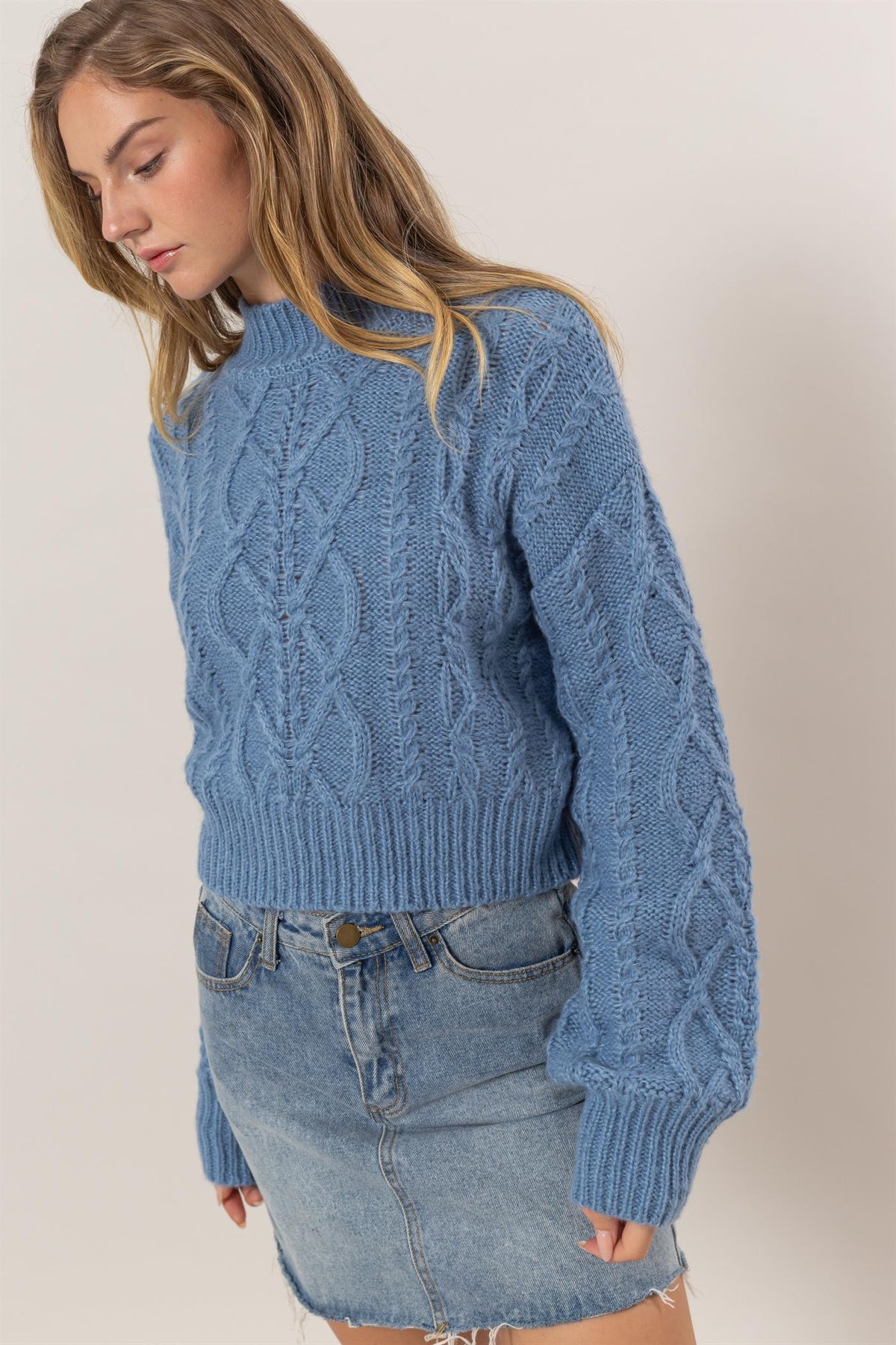 HYFVE Cable-Knit Mock Neck Dropped Shoulder Sweater - Teresa's Fashionista LLC