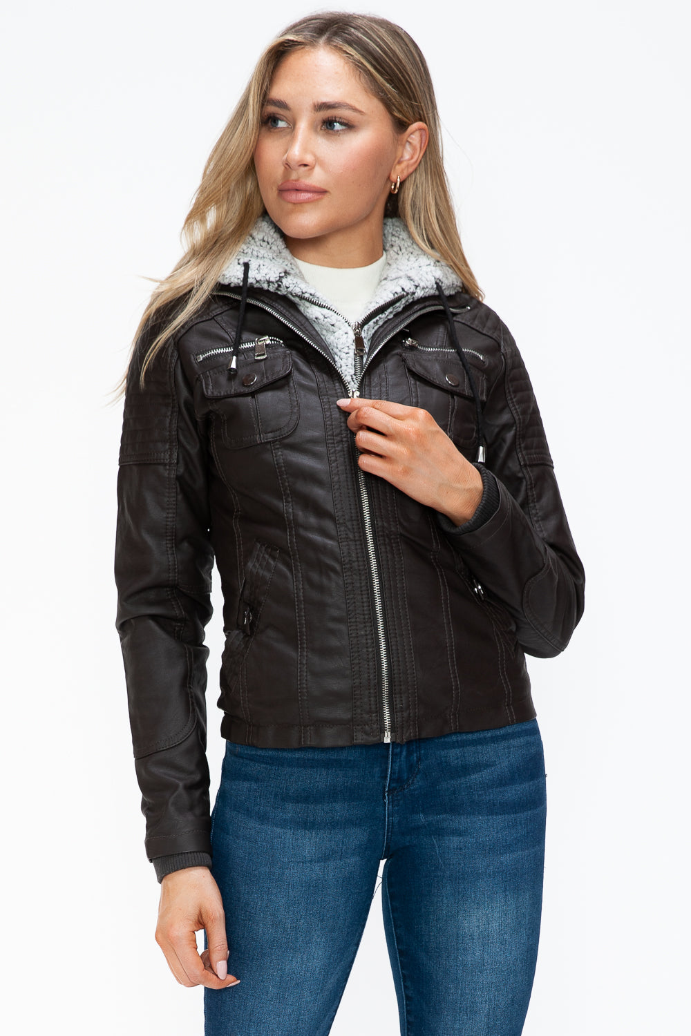 YMI Removable Faux Layered Multi-Pocket Jacket with Fuzzy Hood - Teresa's Fashionista LLC