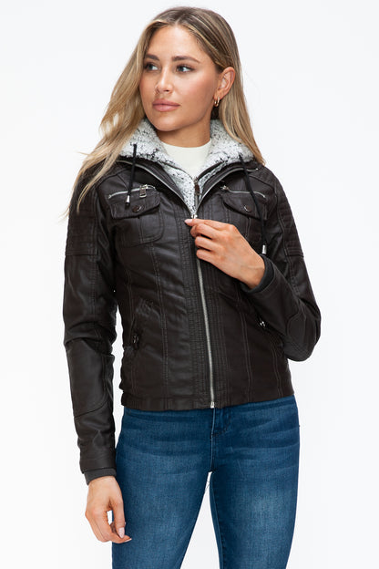 YMI Removable Faux Layered Multi-Pocket Jacket with Fuzzy Hood - Teresa's Fashionista LLC