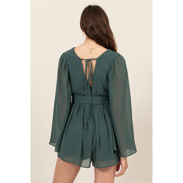 Plunging Neckline Bell Sleeve Romper