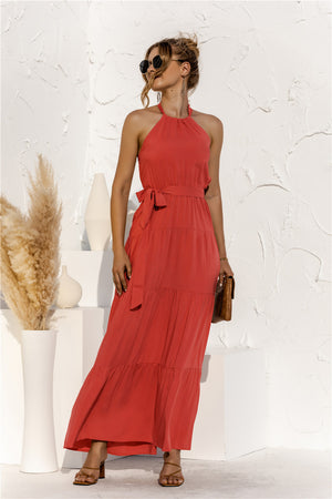 Halter Neck Tie Waist Tiered Maxi Dress-Teresa's Fashionista LLC