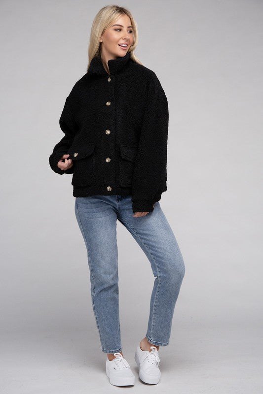 Cozy Sherpa Button-Front Jacket-Teresa's Fashionista LLC