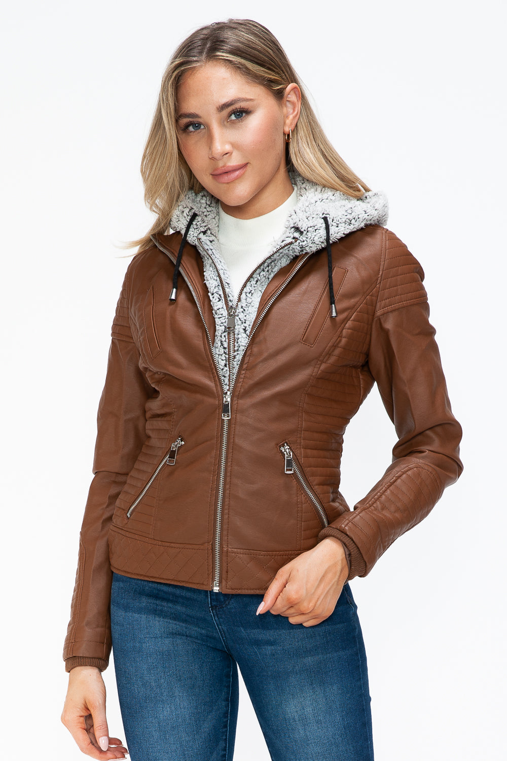 YMI Faux Layered Double-Zipper Jacket with Fuzzy Hood - Teresa's Fashionista LLC