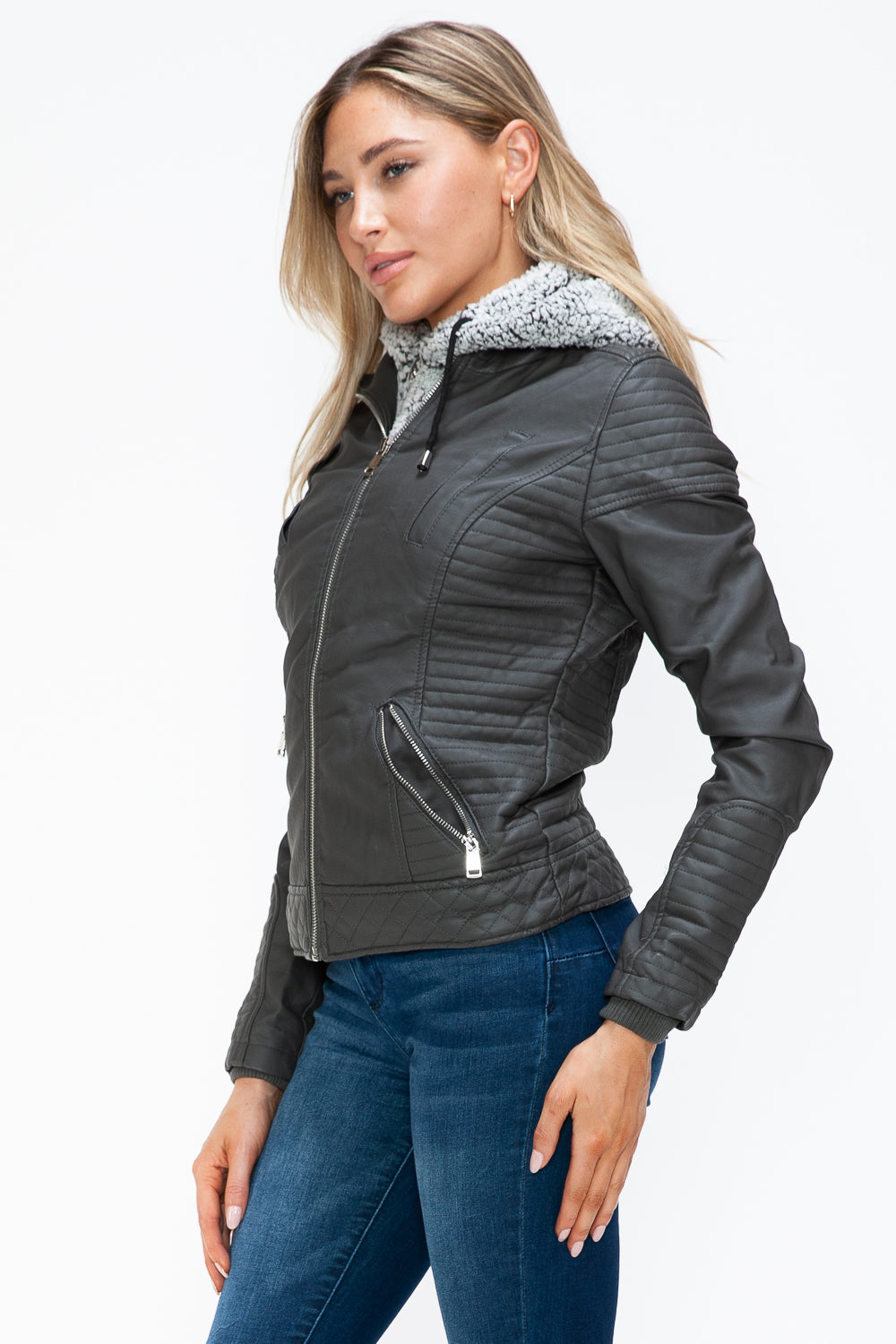 YMI Faux Layered Double-Zipper Jacket with Fuzzy Hood - Teresa's Fashionista LLC