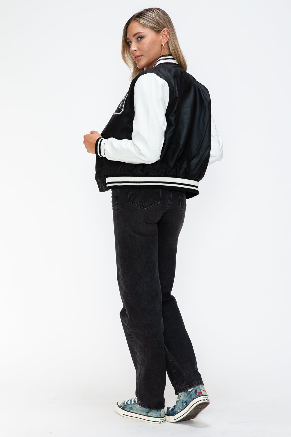 Love Me Now PU Leather Contrast Snap Down Bomber Jacket - Teresa's Fashionista LLC