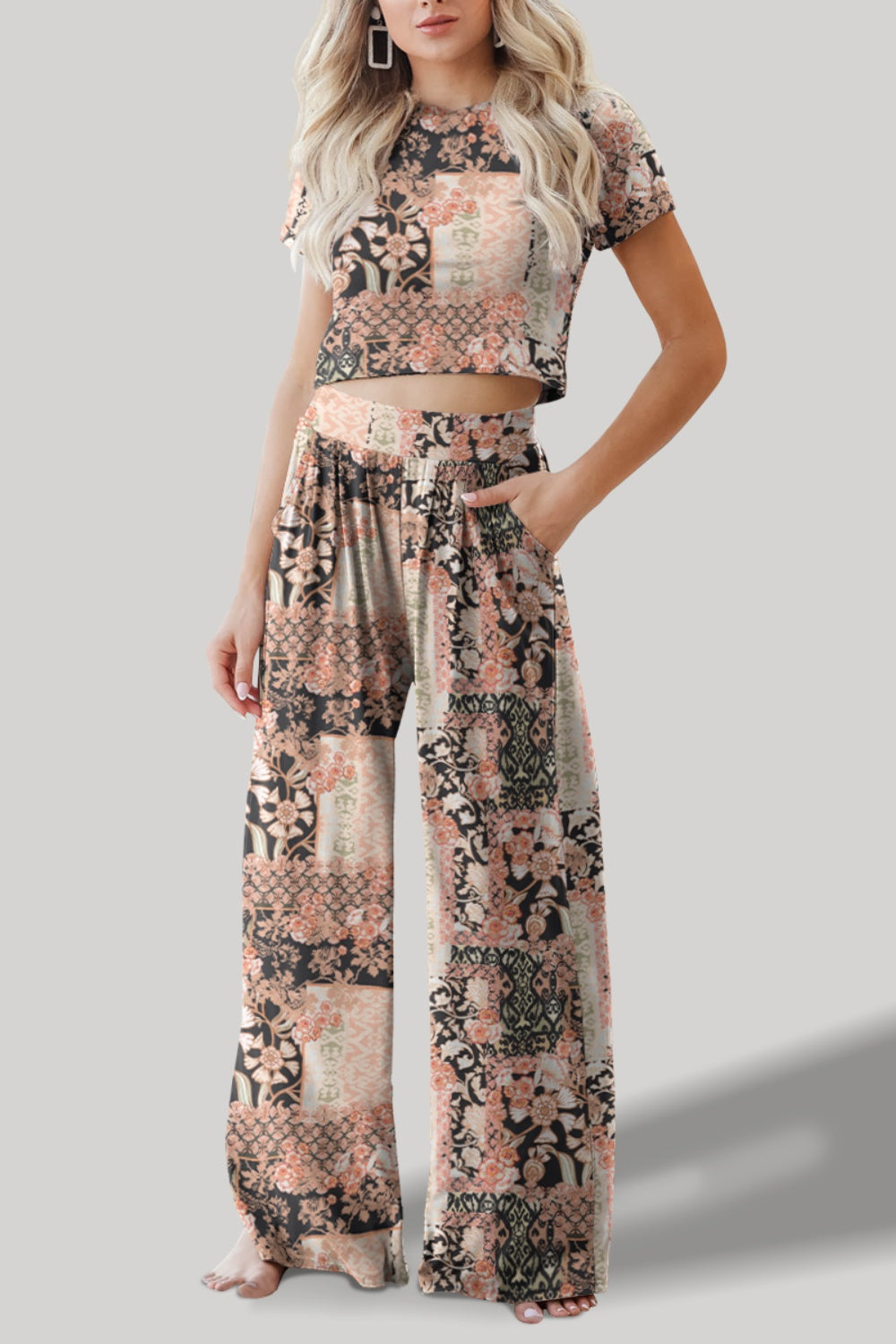 Printed Round Neck Short Sleeve Top and Pants Set-Teresa&#39;s Fashionista LLC