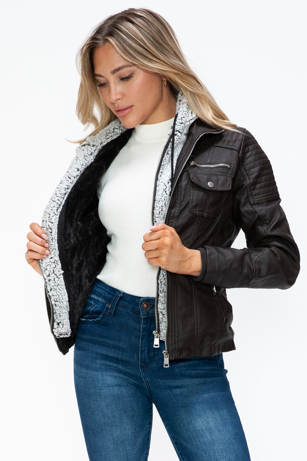 YMI Removable Faux Layered Multi-Pocket Jacket with Fuzzy Hood - Teresa's Fashionista LLC
